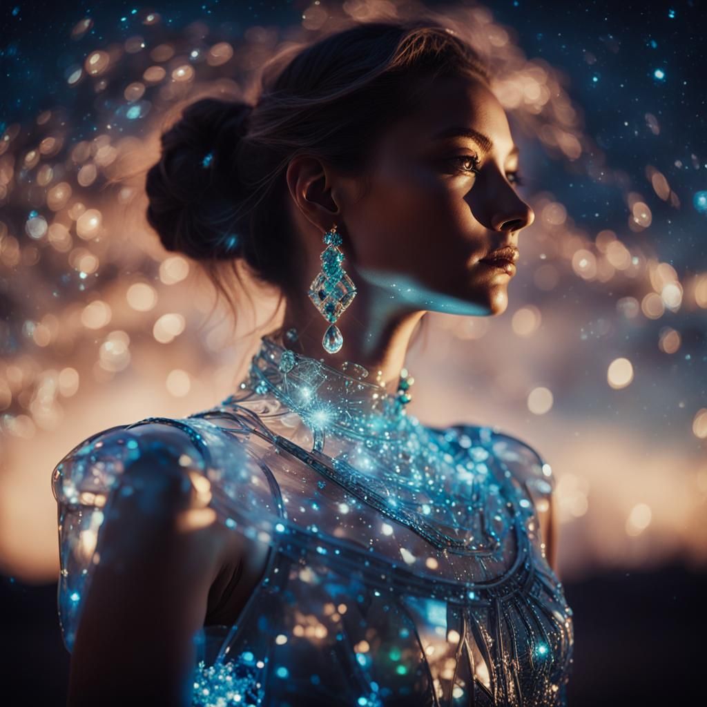 Woman in Glass Dress Against Night Sky