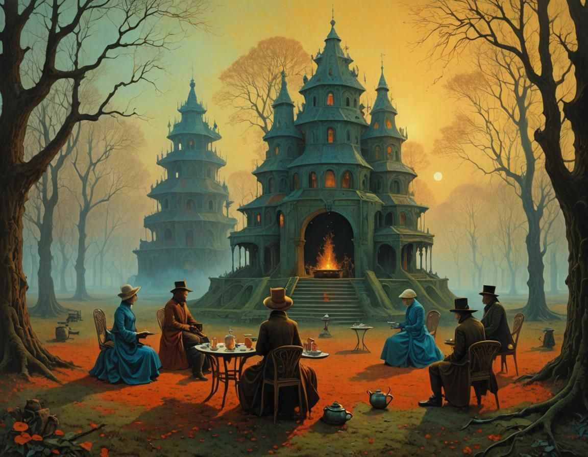 Surreal Tea Party in Park Inspired by Beksiński