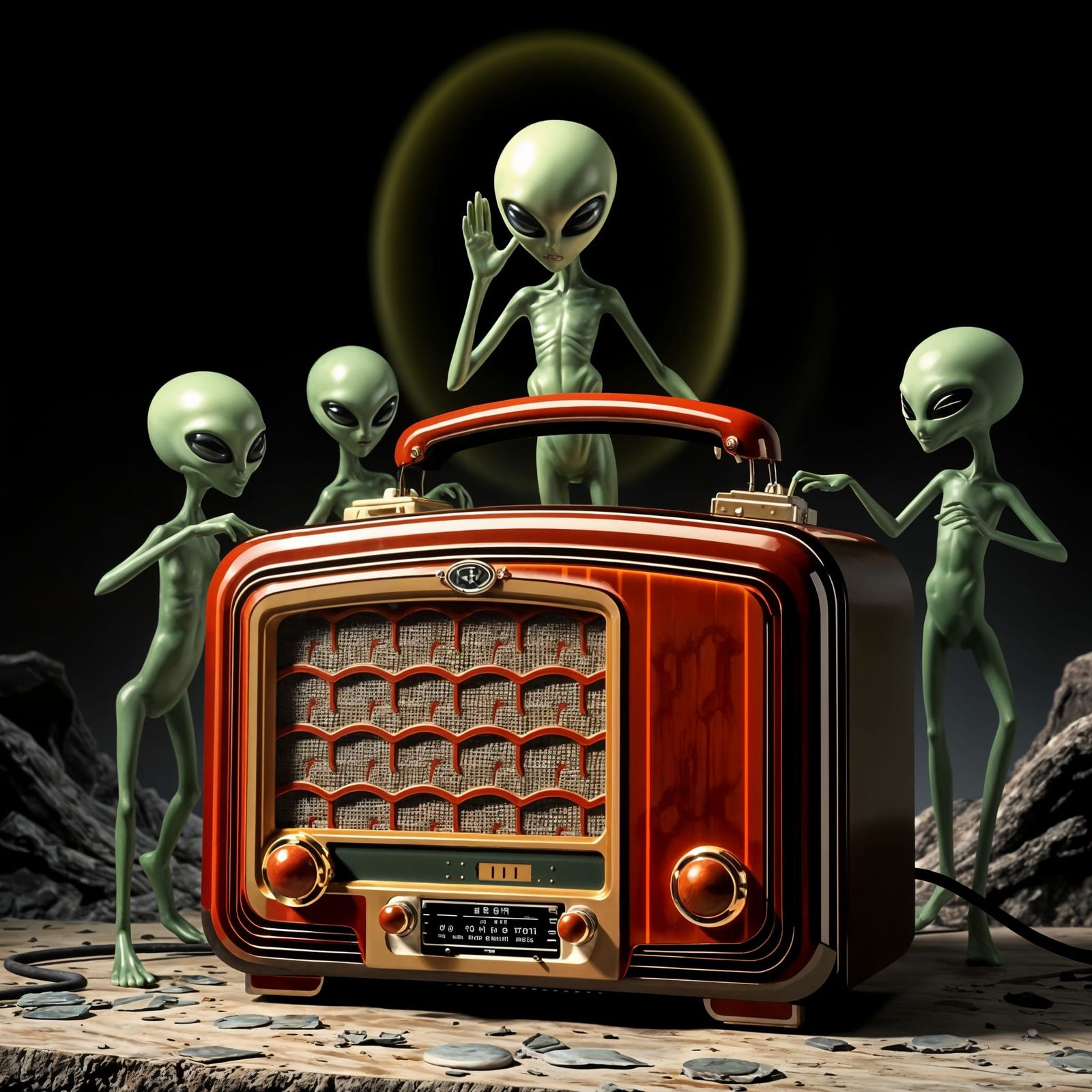 Retro Art Deco Bakelite Radio being worshipped by aliens, detailed