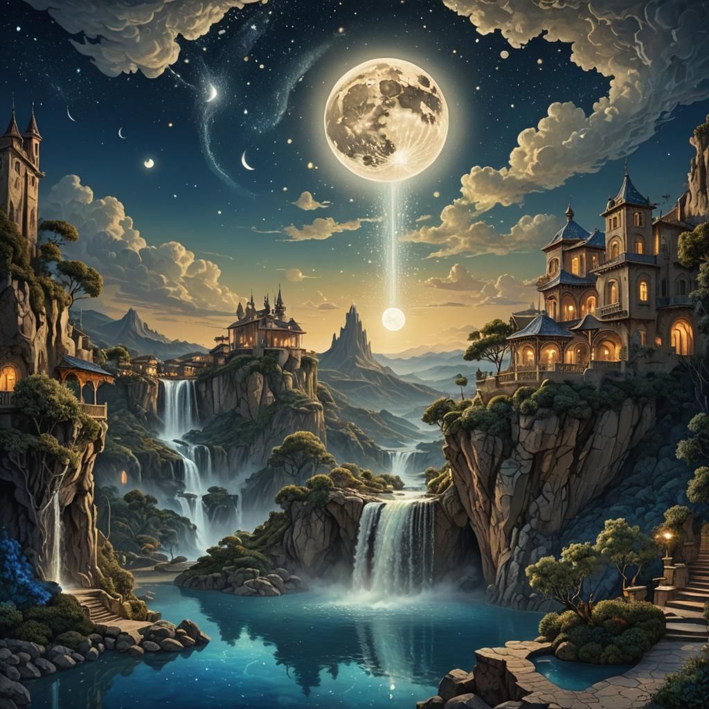 Fantasy Moonscape with Opal Waterfall and Pearl City