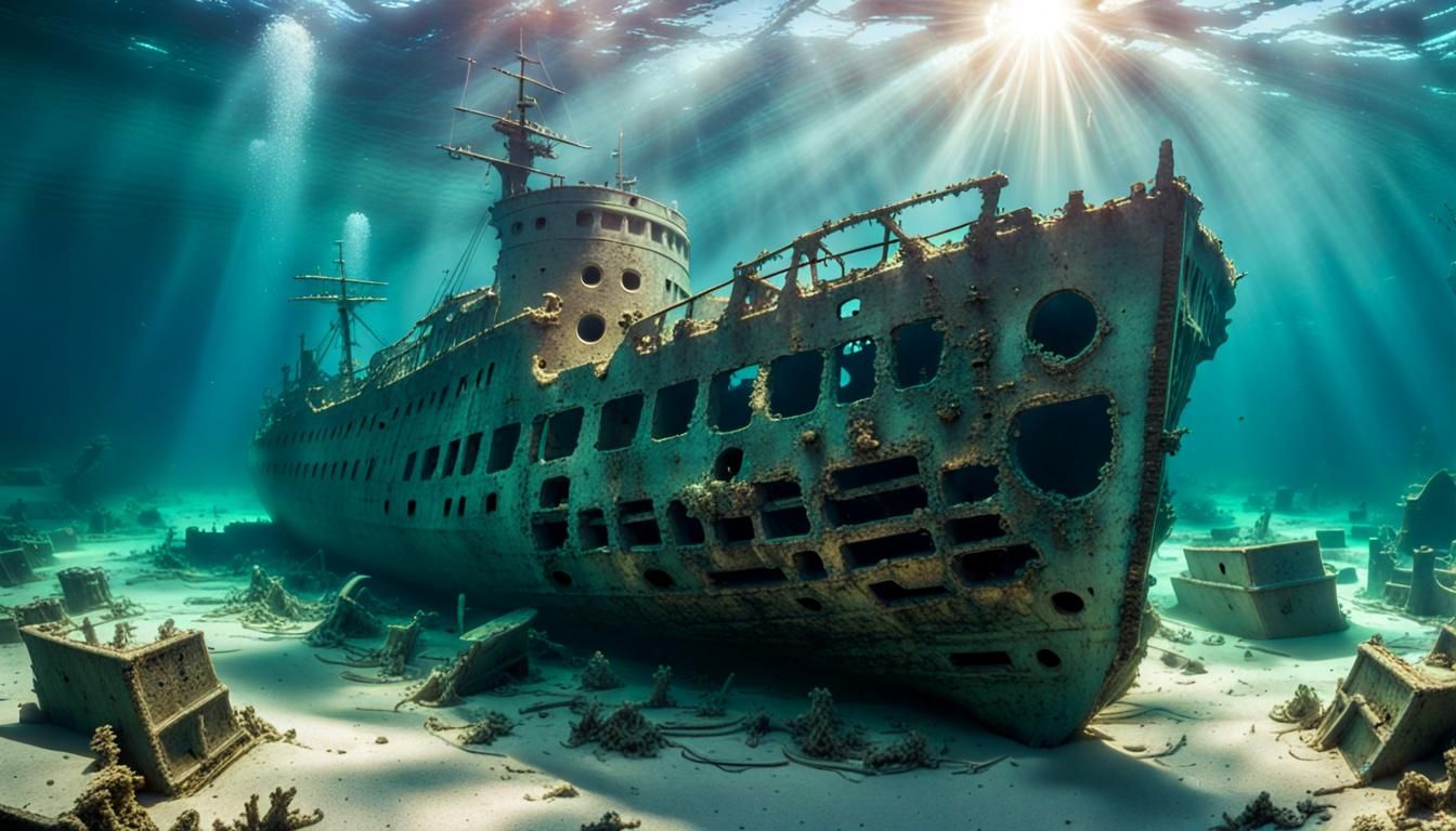Shipwrecks in Bermuda Triangle with Sun Reflections