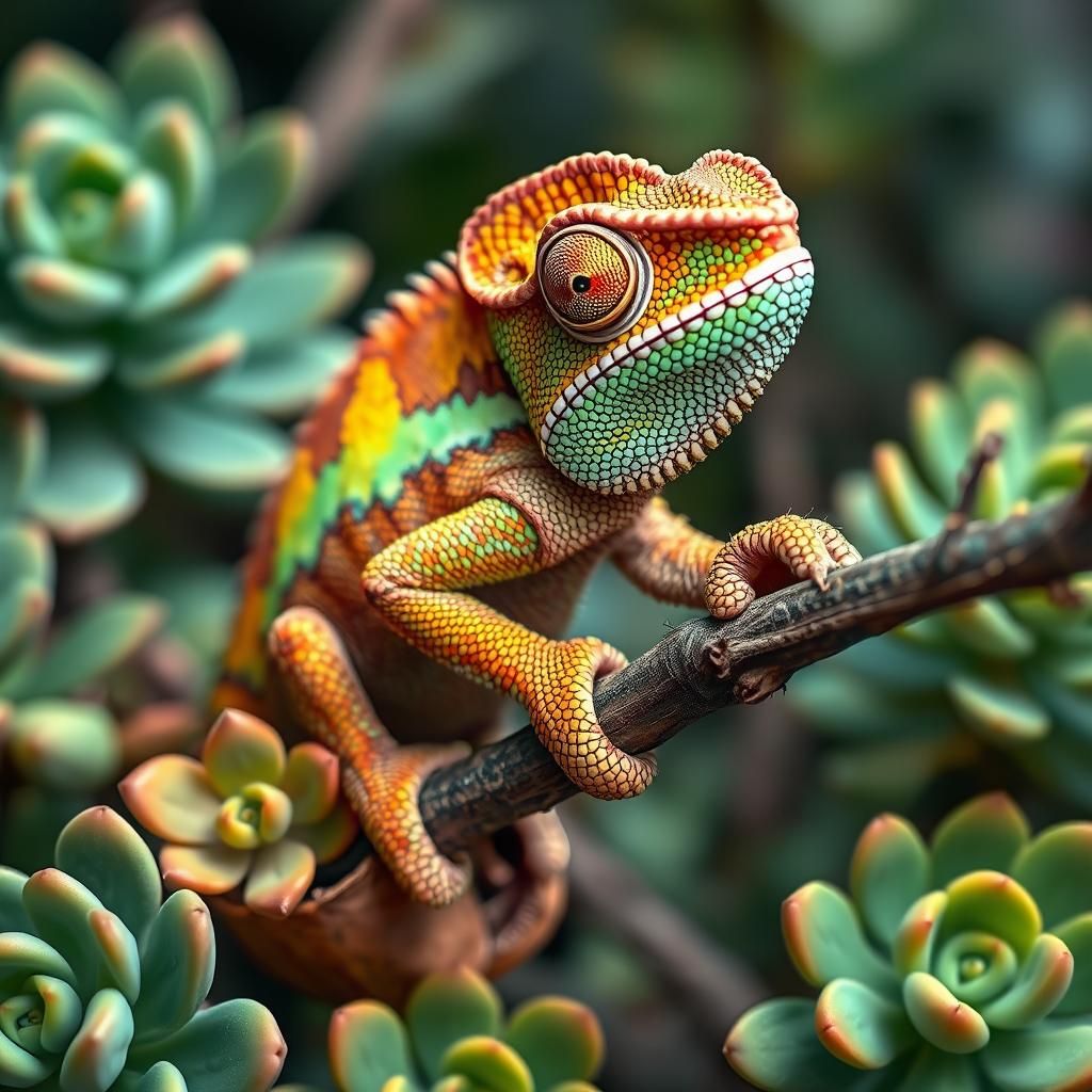 Detailed Chameleon on Vine Surrounded by Succulents