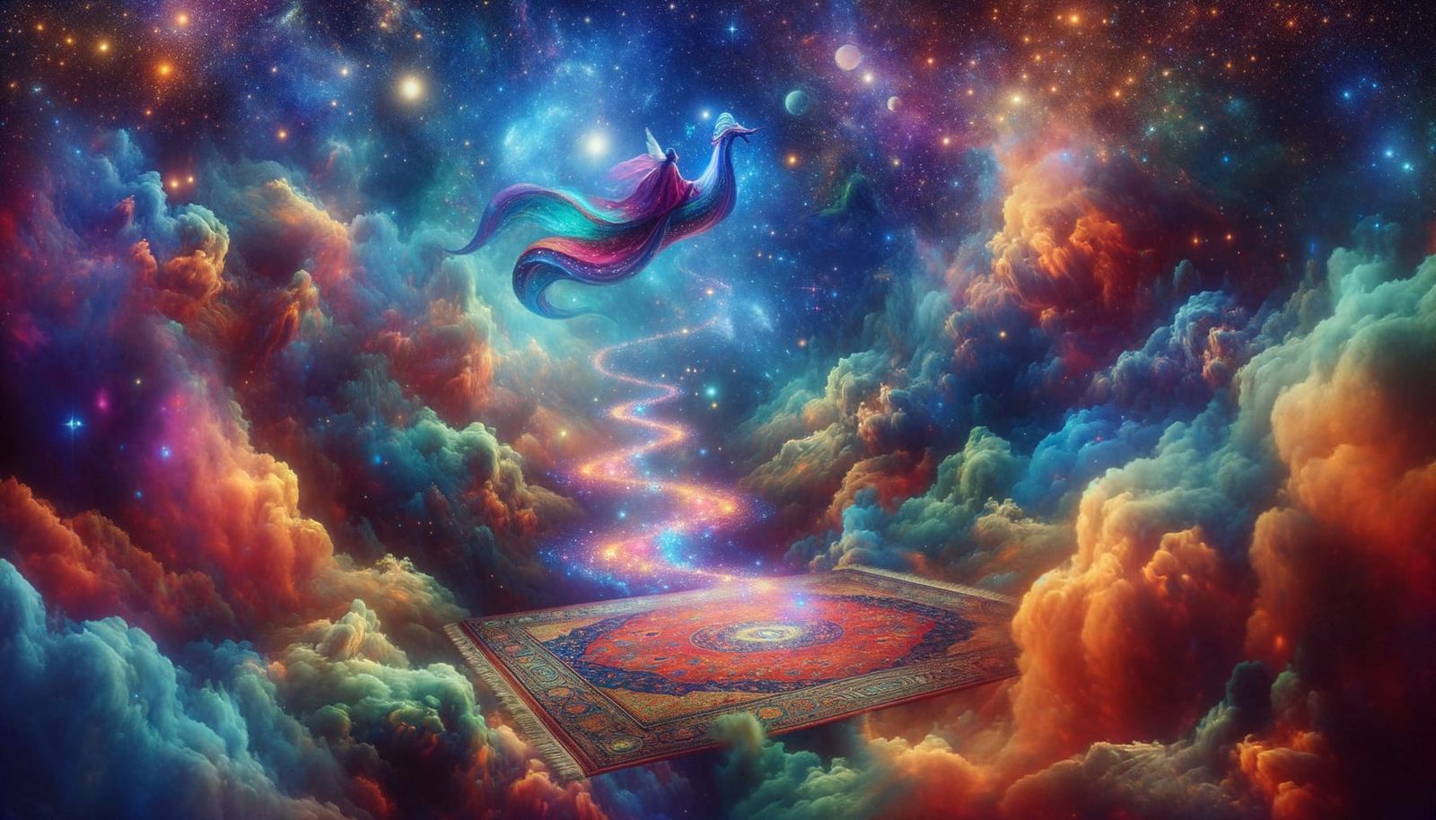Mystical Carpet Ride Through Starry Cosmic Sky
