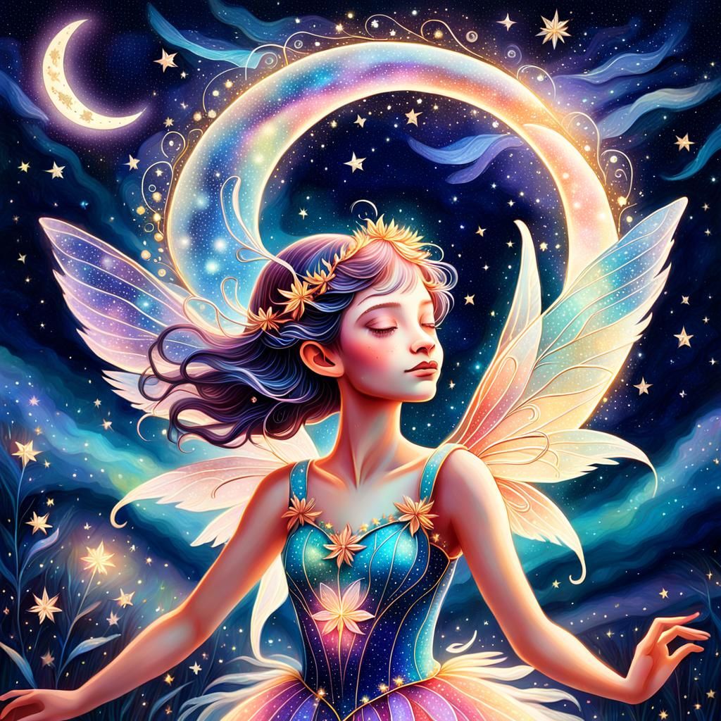 Celestial Fairy Dance Under Starry Night Sky