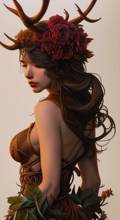 Majestic Vine-Covered Woman with Antlers, Comic Art