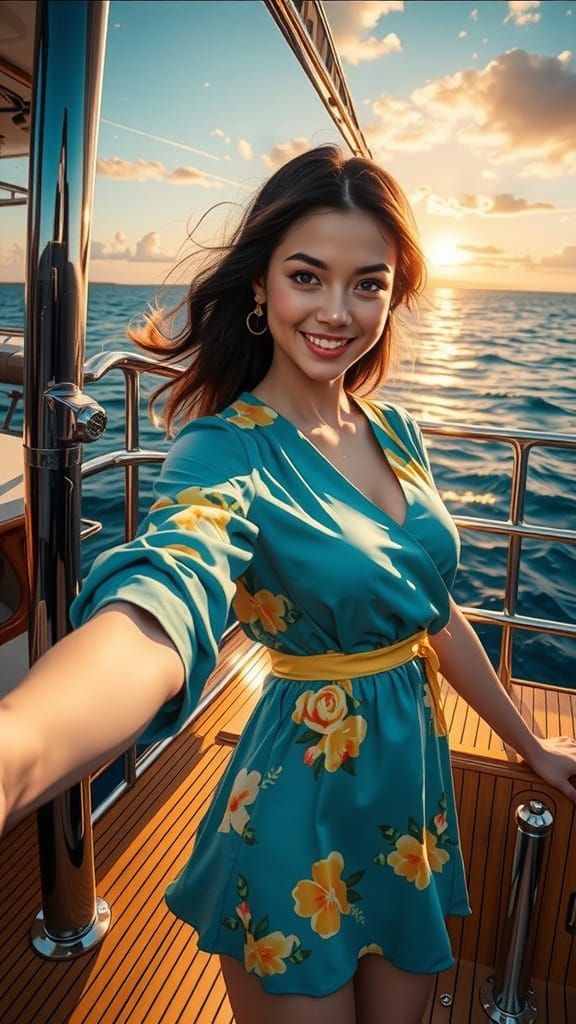 Woman in Sunset Glow on Luxurious Yacht
