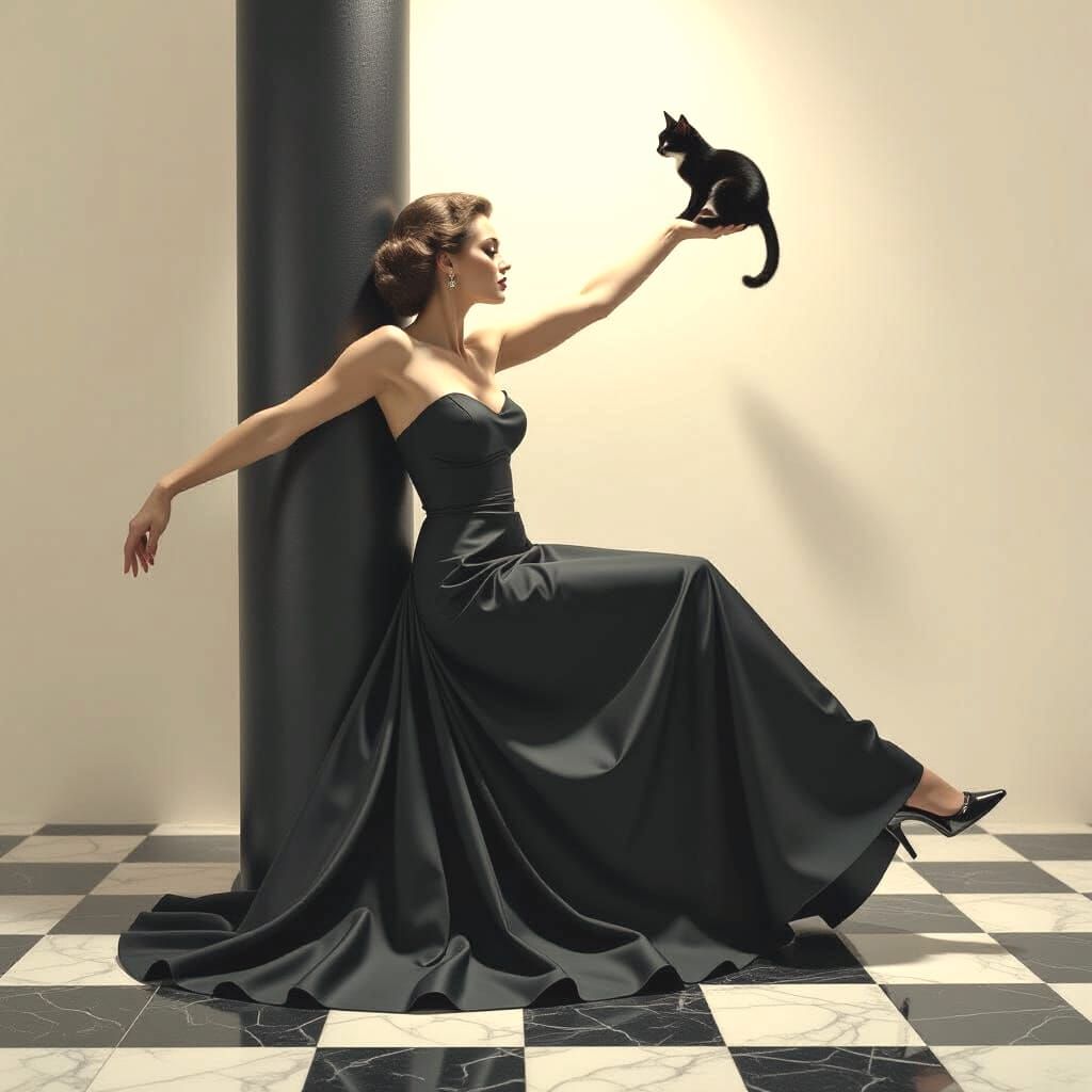 Woman Falling into Black Glass Cylinder, Watched by Cat