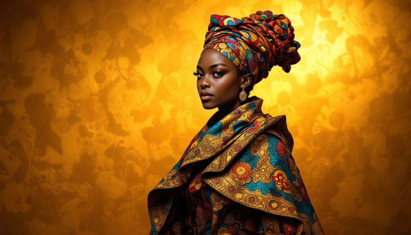 Regal Figure Adorned with Vibrant Afrocentric Patterns and T...