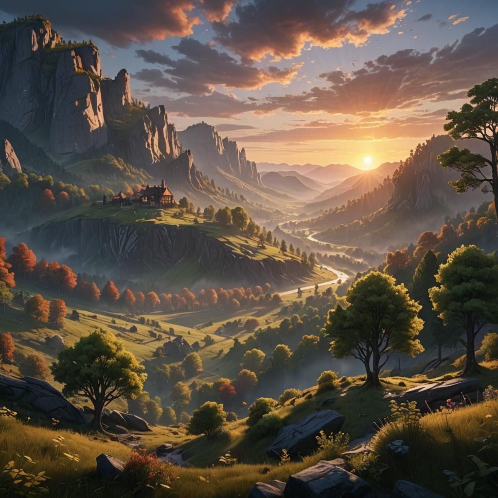 Sunrise Over Valley Woods: Detailed Matte Painting