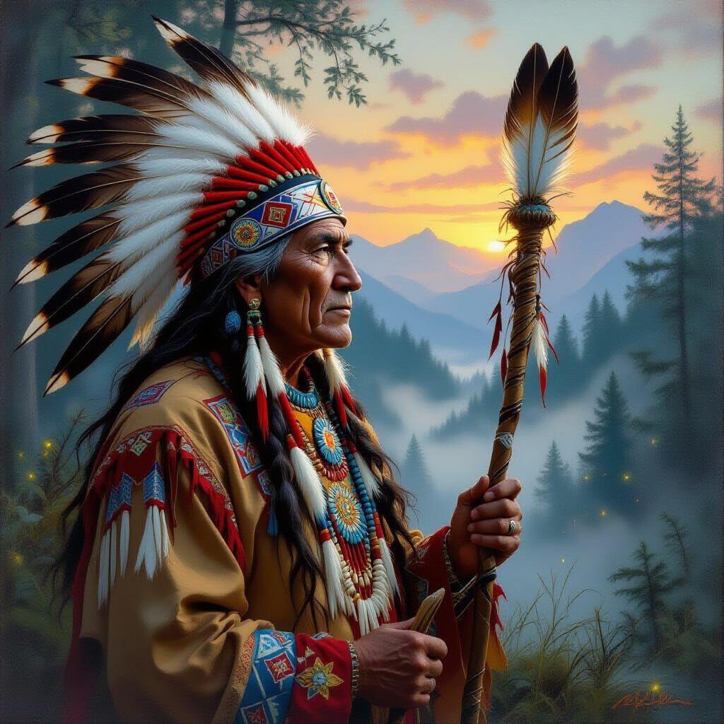Cherokee Shaman in Misty Forest Twilight