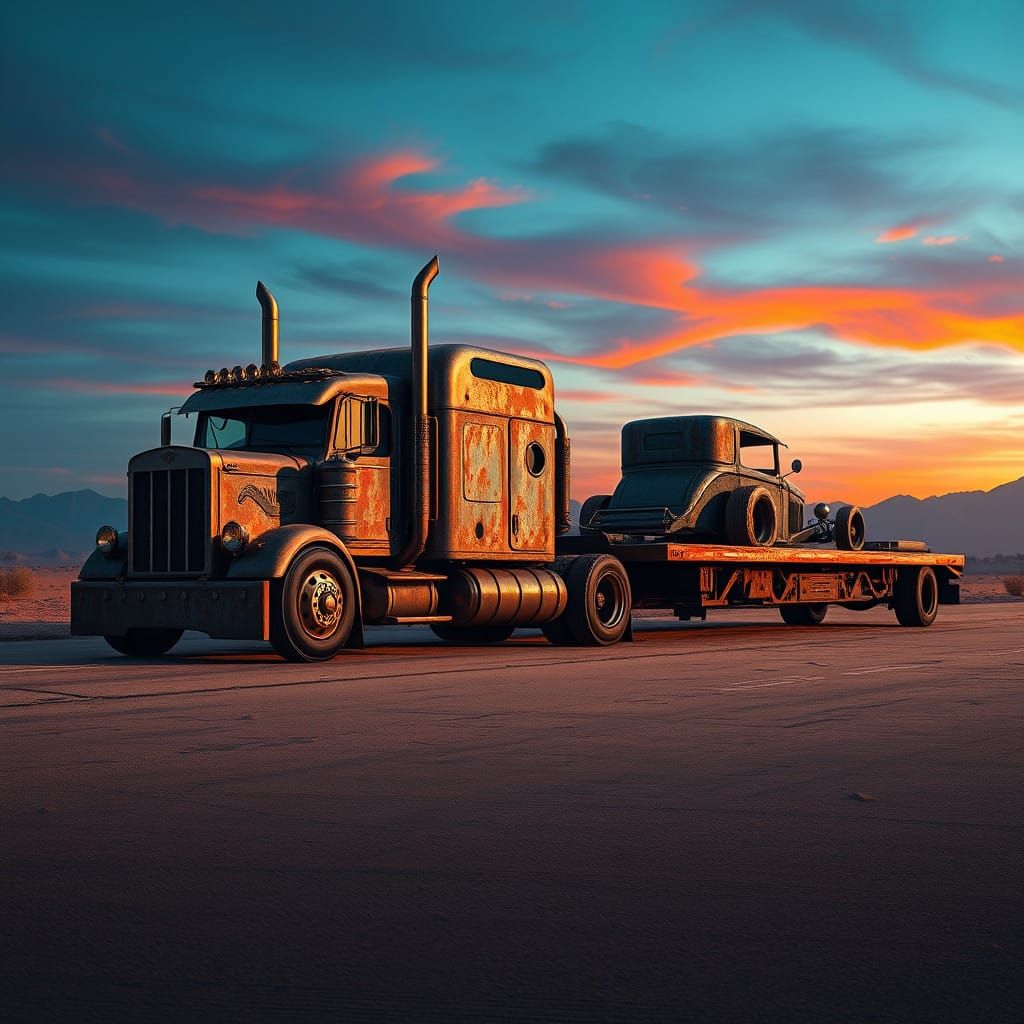 Weathered Rat Rod Semi Hauling a 1932 Ford Coupe