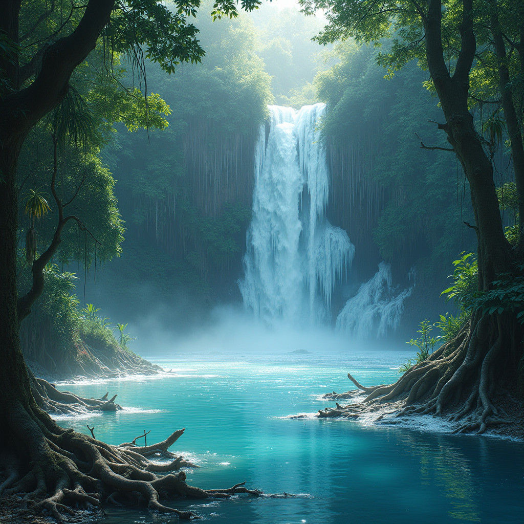 Frozen Lake in Tropical Jungle, Cinematic Still
