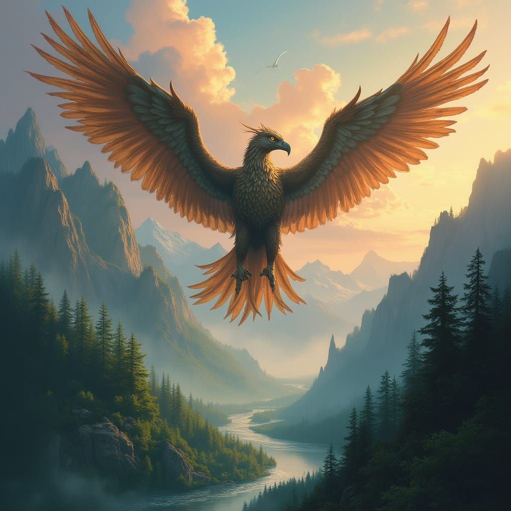 Griffin Soaring Over Misty Mountains at Dawn
