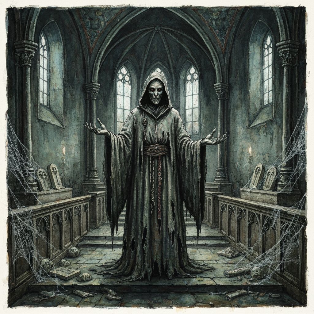 Sinister Keeper in Eerie Chapel, Gouache and Watercolor