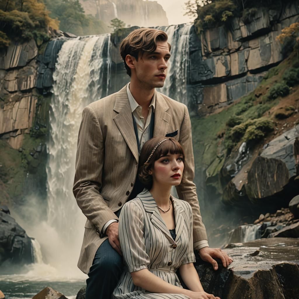 Art Deco Couple at Waterfall in Pastel Colors