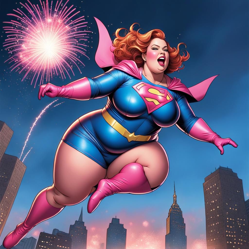 Plump Superhero in Action with Fireworks, Comic Book Art