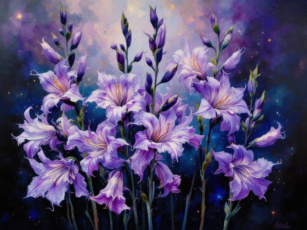 Vibrant Purple and White Gladiolus in a Celestial Setting