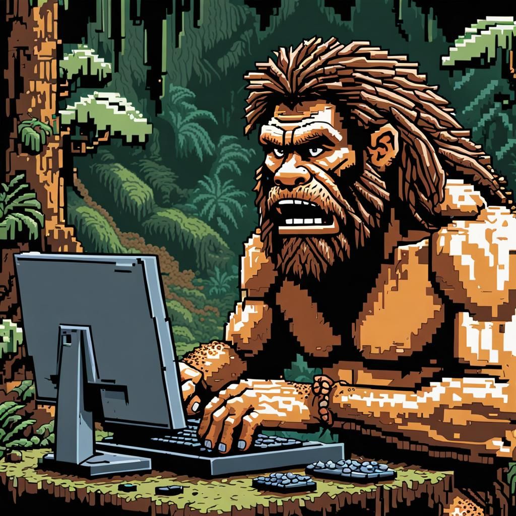Surprised Caveman Finds Computer: 8-bit Pixel Art