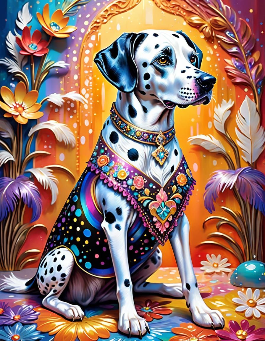 Dalmatian Dog in Floral Dress with Duck