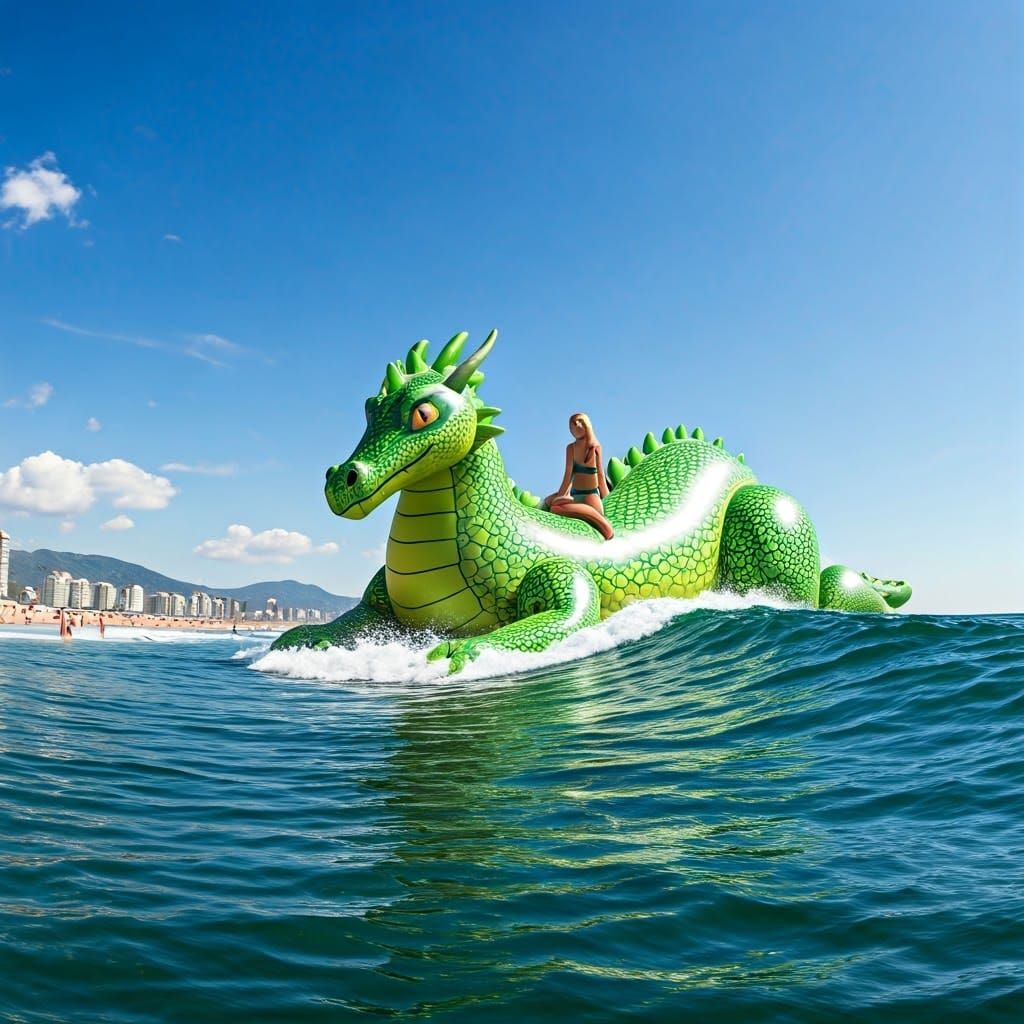 Giant Inflatable Dragon Surfing a Colossal Wave