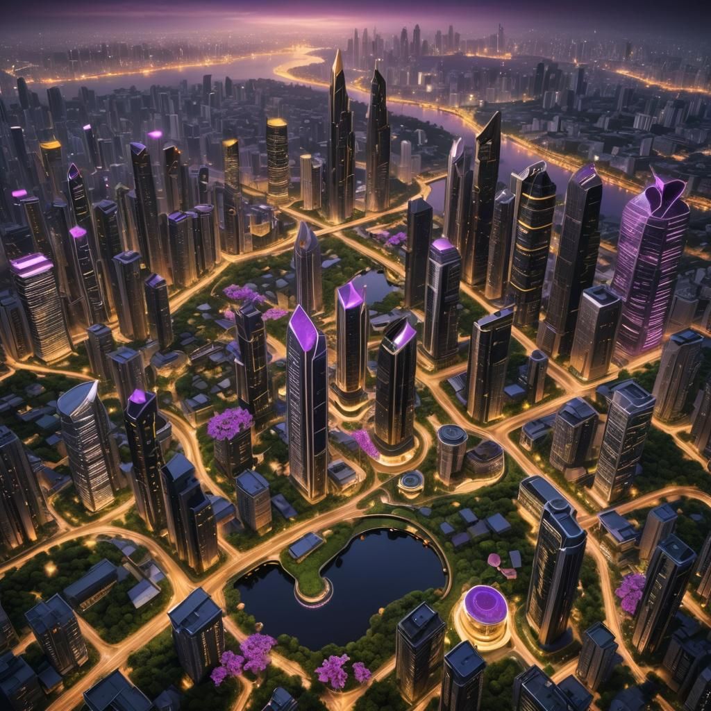 Futuristic Cityscape with Dark Skyscrapers and Golden Lights