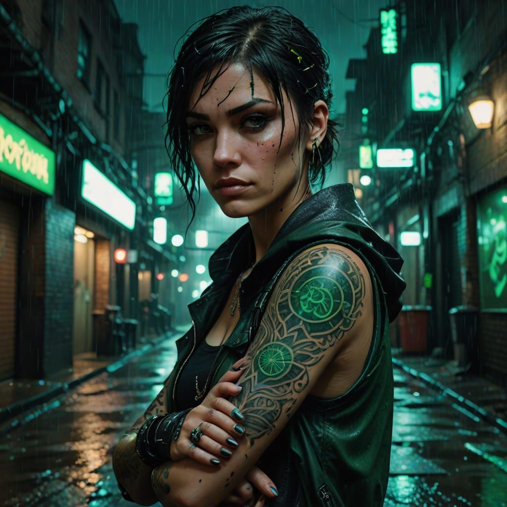 Moody Cyberpunk Goddess in Rain-Soaked Alleyway