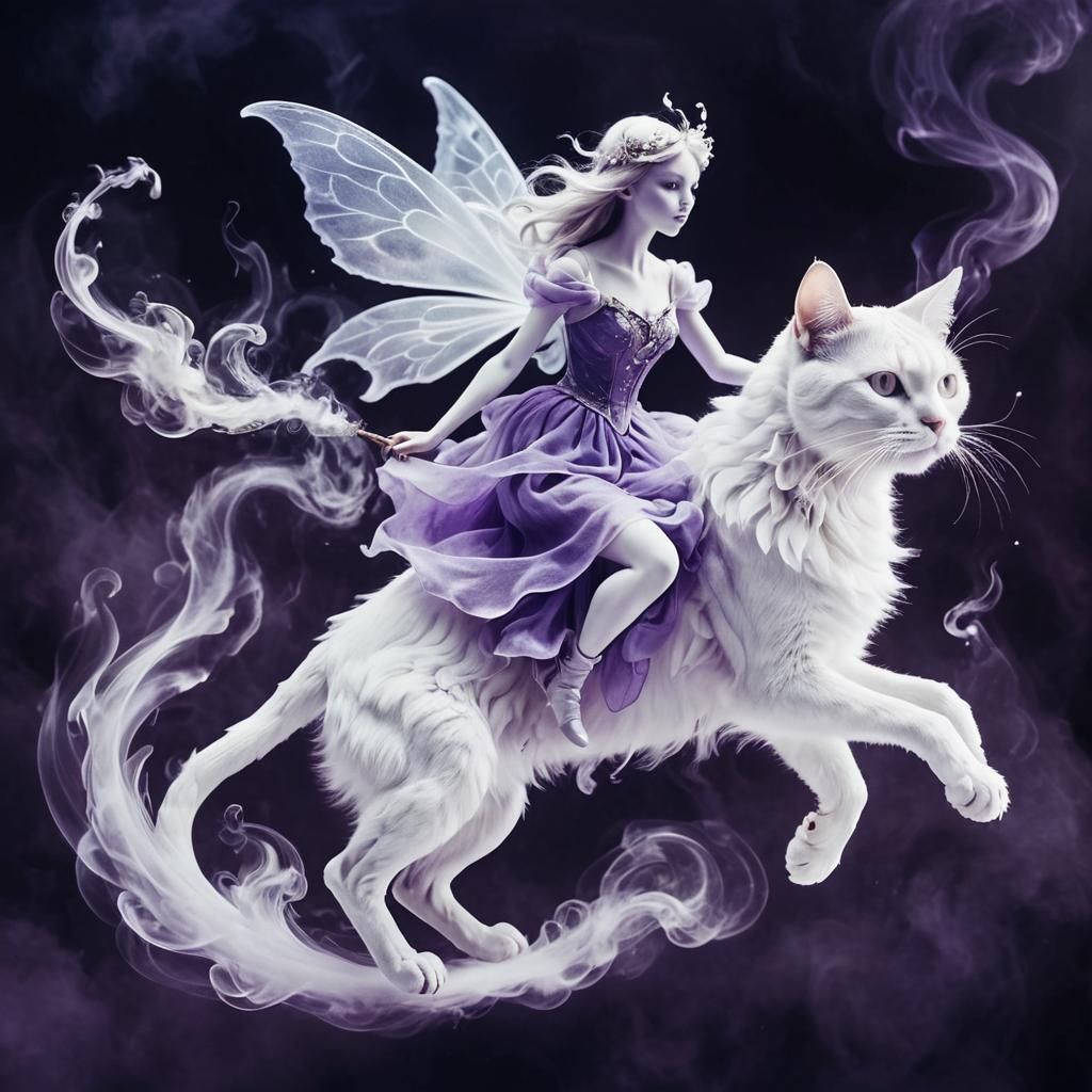Ethereal Fairy Rides Mystical Smoke Cat in Surrealism