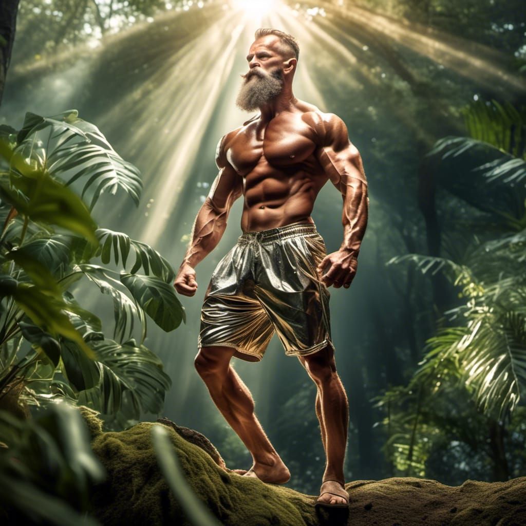 Muscular Bodybuilder in Jungle, Hyperreal Photo