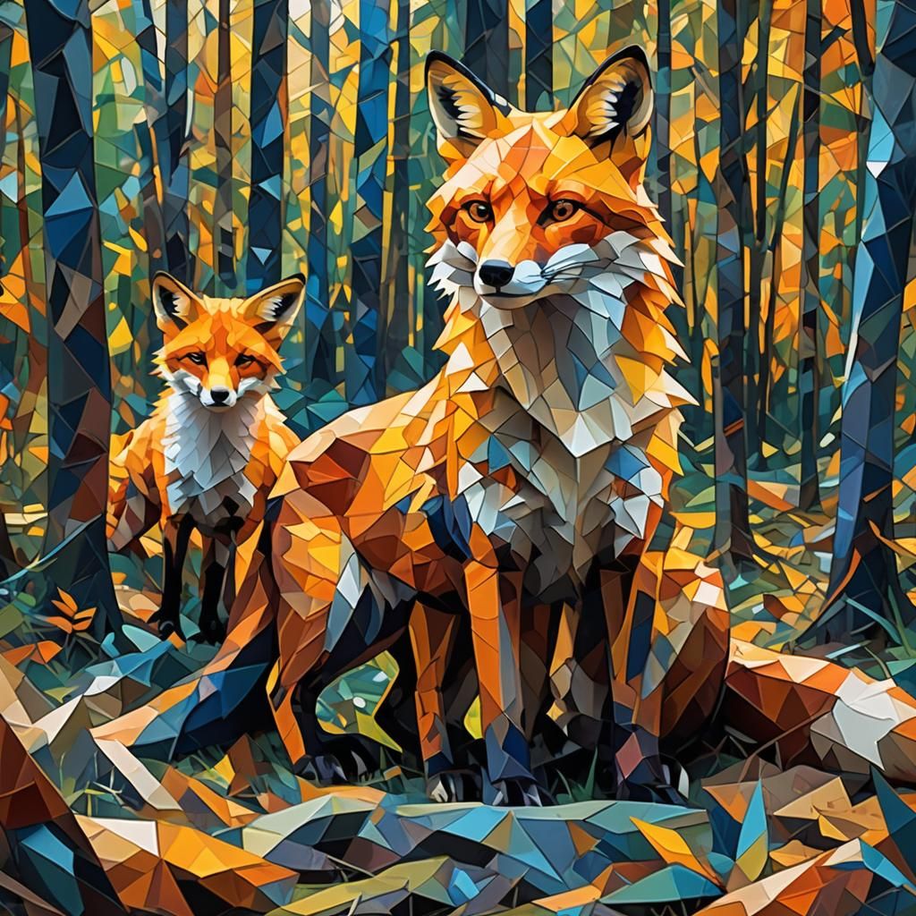 Fox and Cub in Cubist Forest Clearing