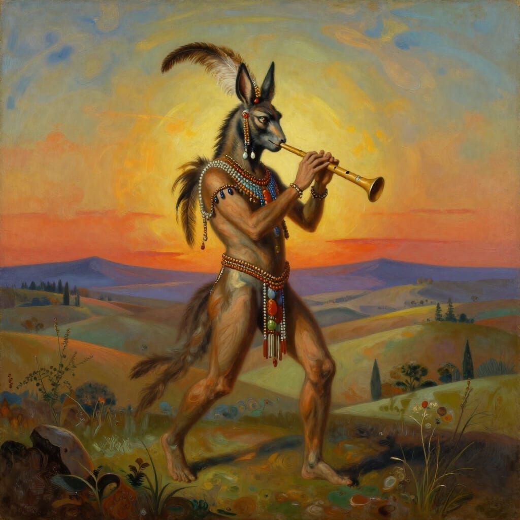 Satyr Plays Aulos in Ethereal Italian Sunset Landscape