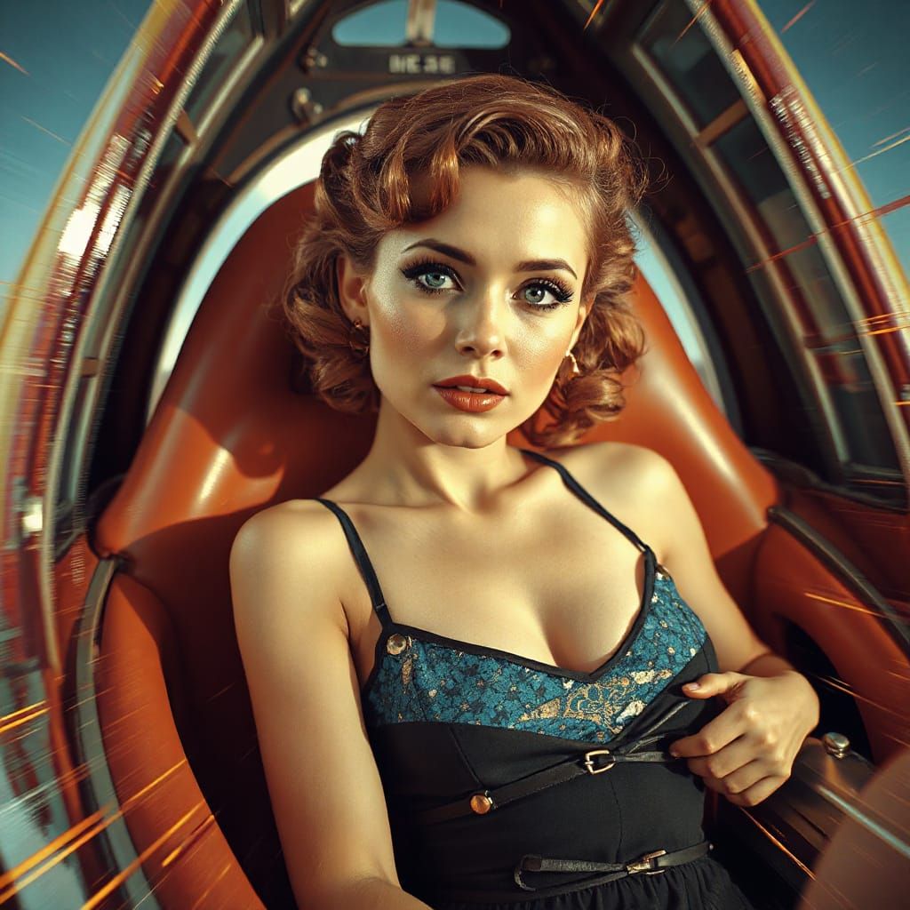 Retro Pin-Up in Rocket Ship with Glitch Art
