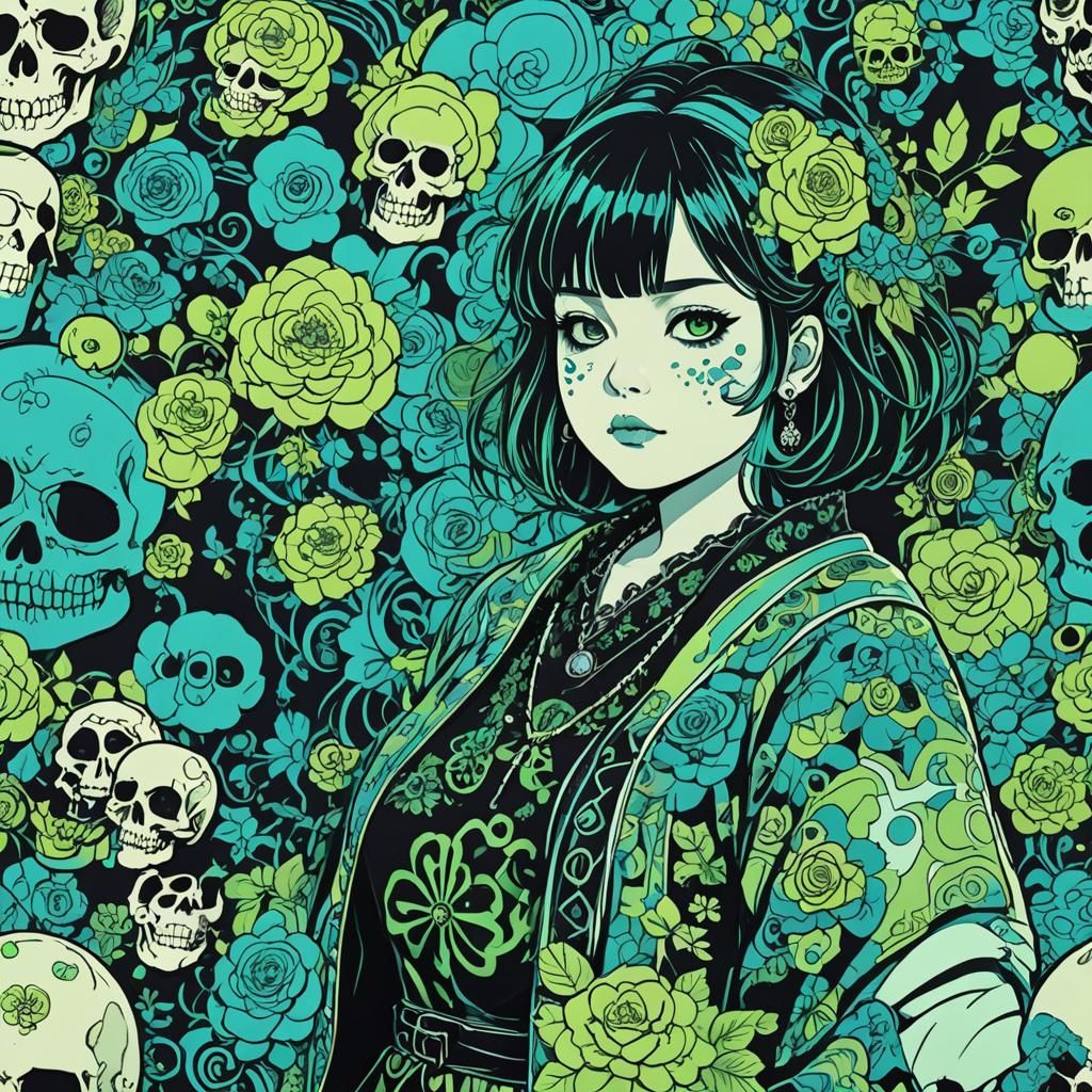 Psychedelic Anime Woman with Floral Skull Patterns