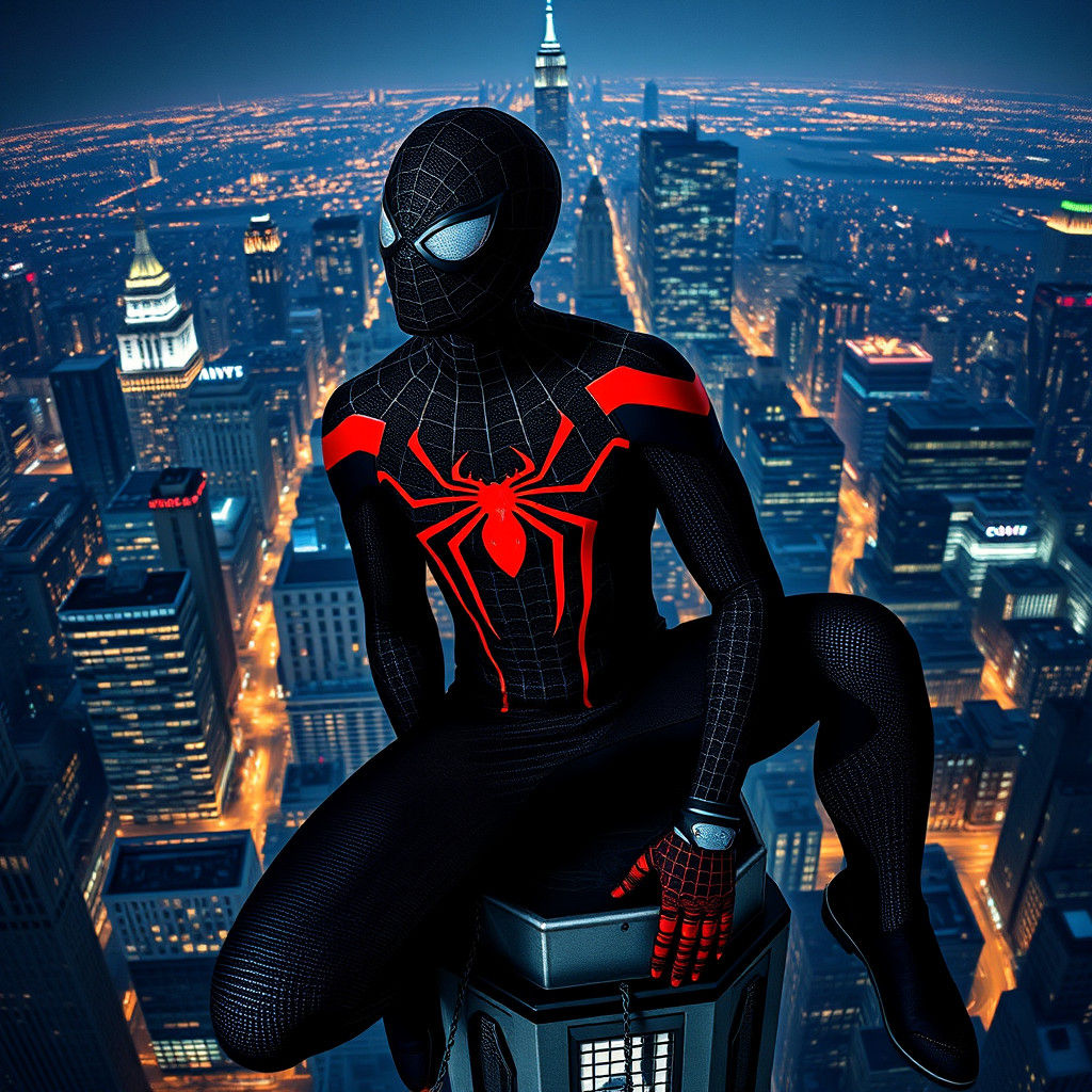Spiderman Watches Over New York City at Night