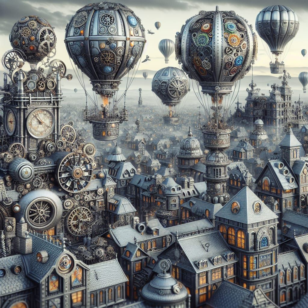 Steampunk Hot Air Balloons Over Ornate City