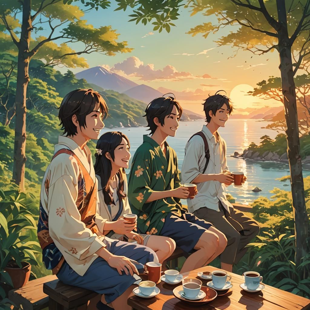 Friends Watching Sunset in Anime Style