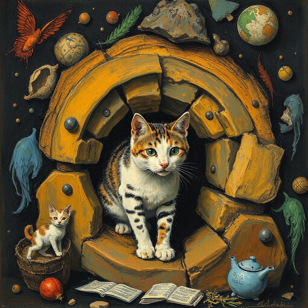 Surrealist Cat Descends into Mysterious Underground Realm