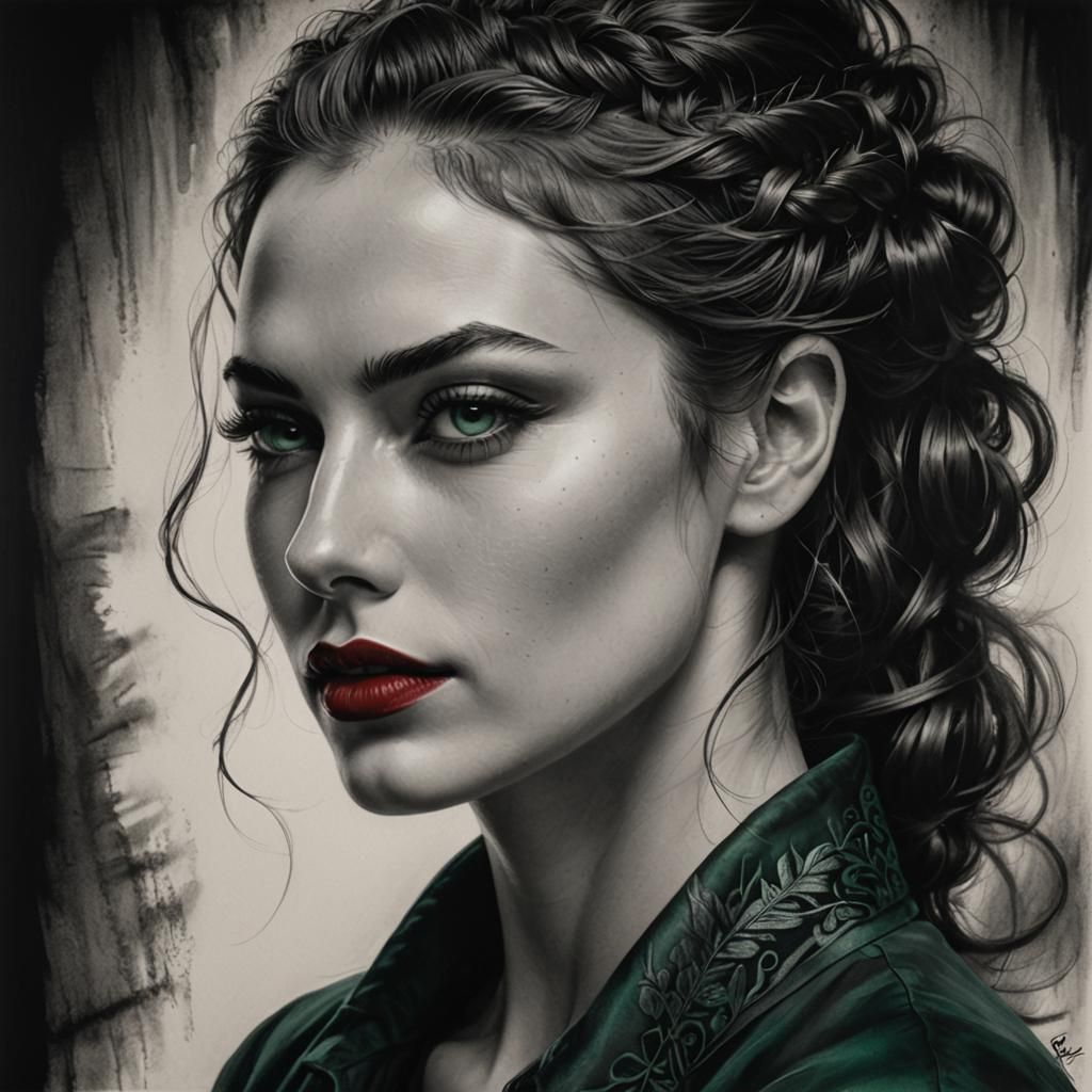 Monochromatic Portrait with Emerald Eyes and Crimson Lips