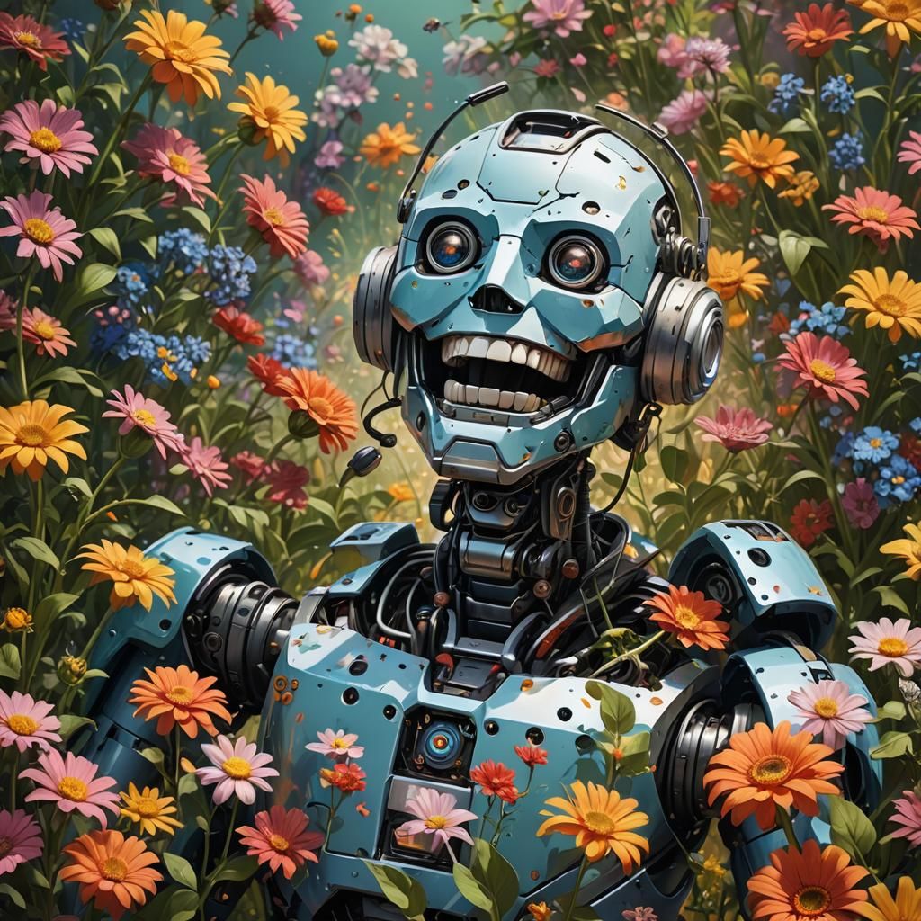 ROBOT LAUGHING AND ROLLING IN THE FLOWERS