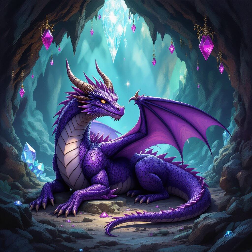 Purple Dragon in Jewel-Encrusted Cave: Fantasy Art