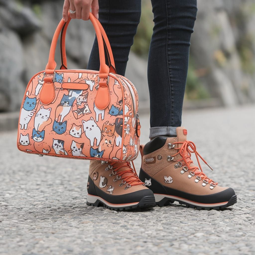 Cute Cat Hiking Boots and Handbag Illustration