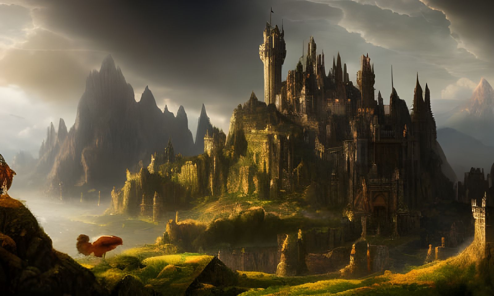 Majestic Fantasy Landscape with Castle and Tower