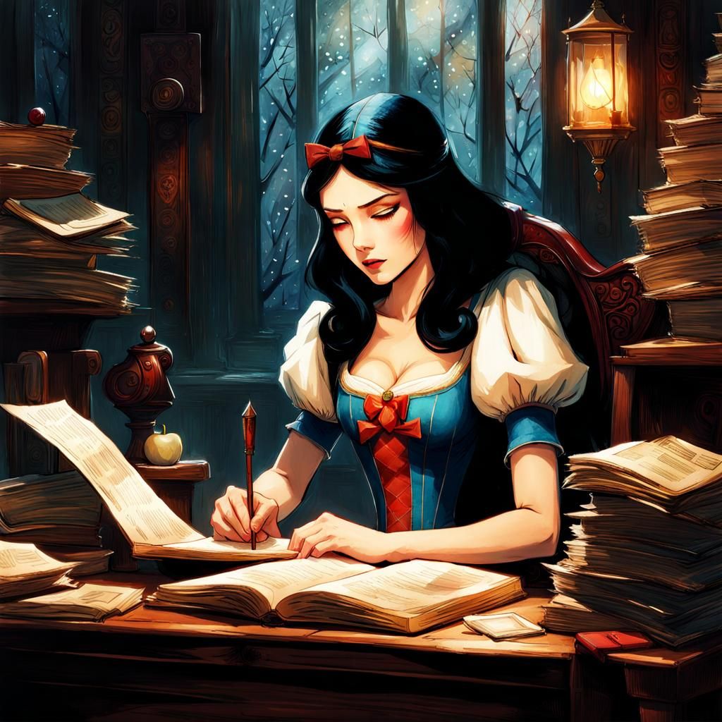 Dark fairytale: Snow White doing her taxes