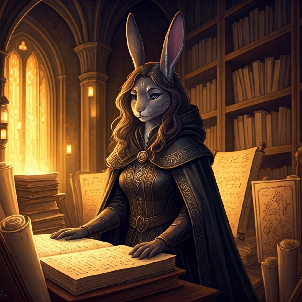 Anthro Rabbit Mage in Mystical Archive Painting