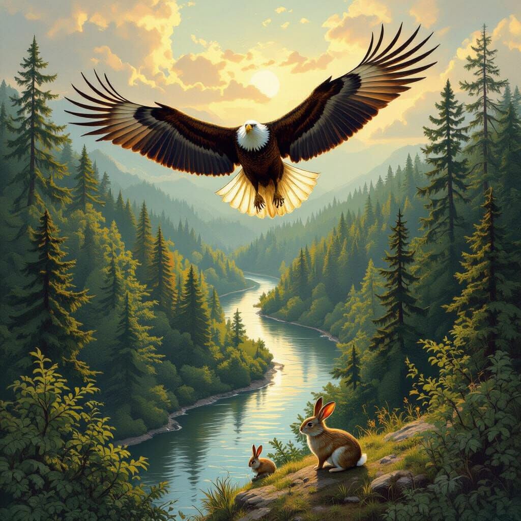 Eagle's View: Forest River Scene in Wildlife Art Style