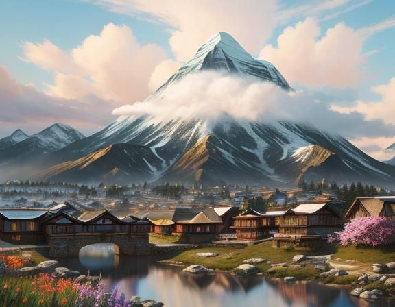 Hyperrealistic Mountain Village Above the Clouds