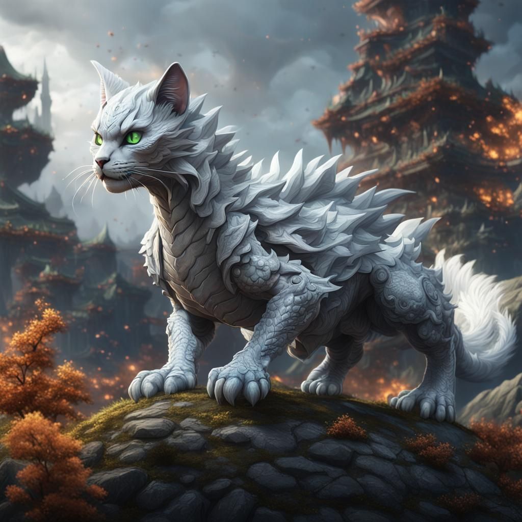 Grey and White Cat Dragon Matte Painting