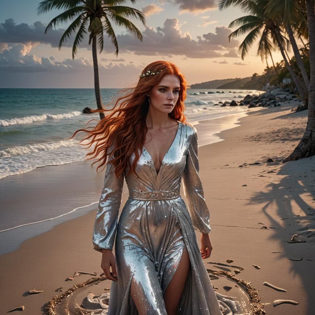 Girl in Silver Dress on Glittering Beach
