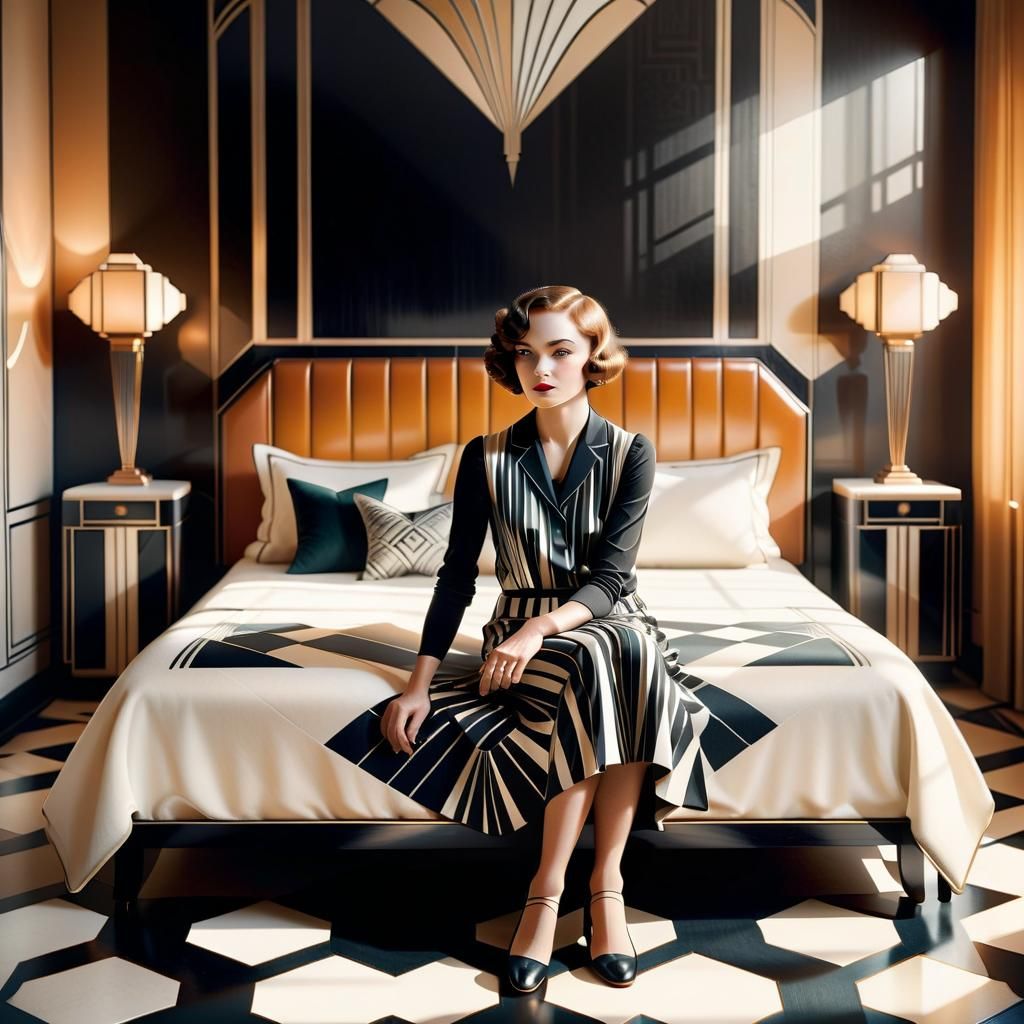woman with 1920s style hair in the bedroom with black and wh...
