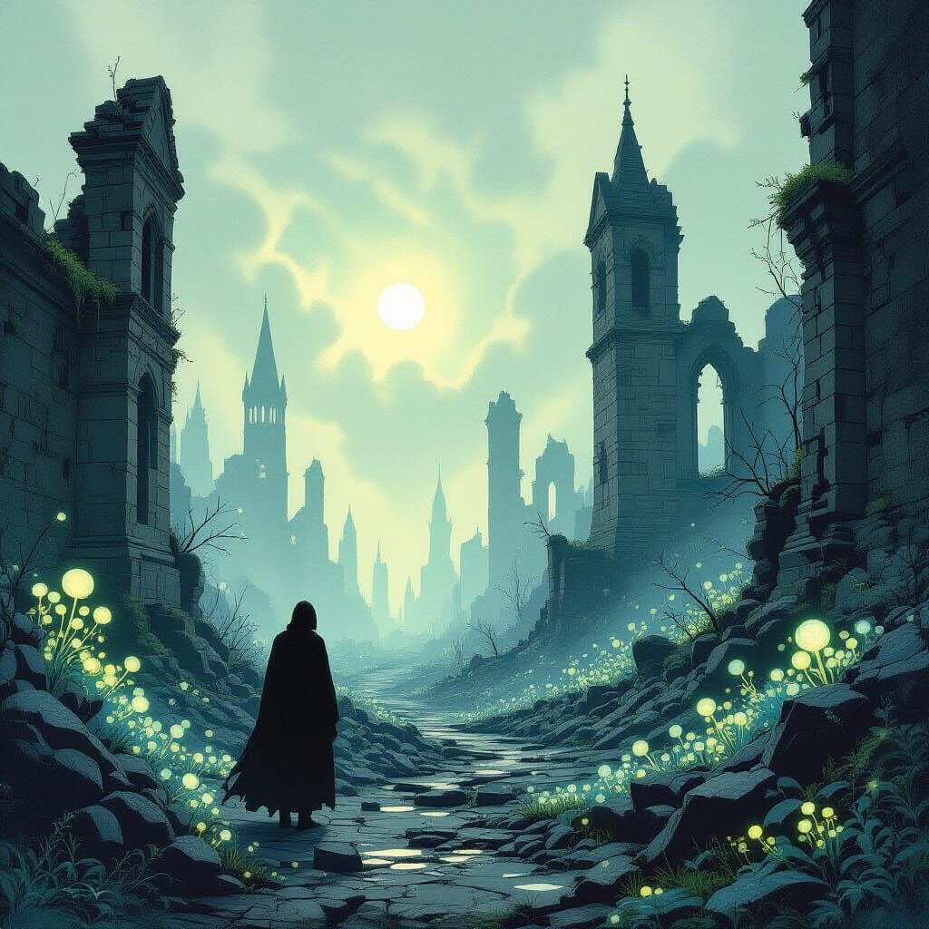 Solitary Figure in Ruined City