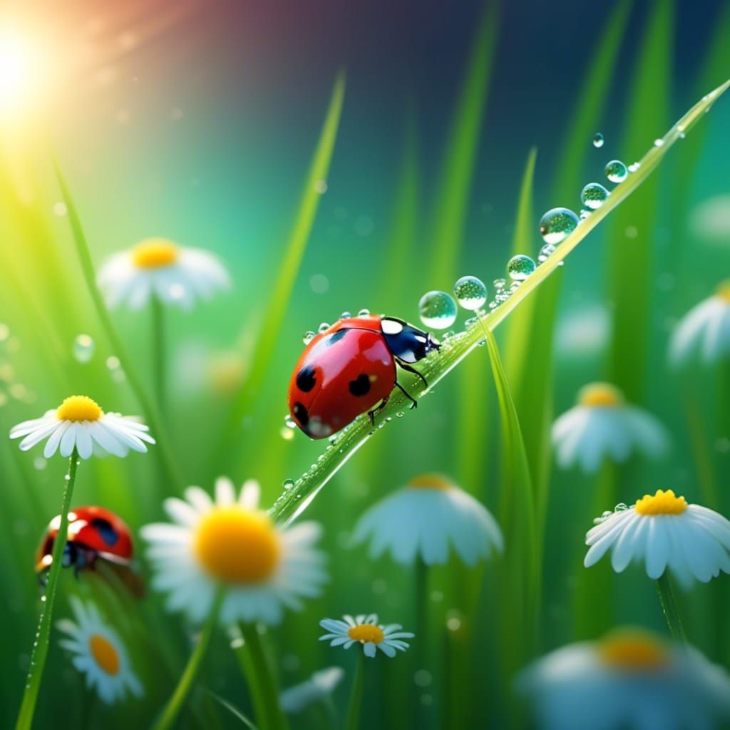 Microscopic Ladybug on Dewy Grass: Photorealistic Closeup